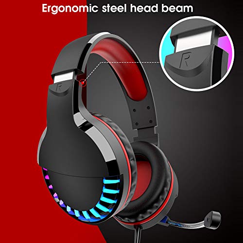 Lazmin112 Auriculares para Juegos con Cable USB, Auriculares para Juegos con luz de Color de Graves impactantes con Sonido estéreo y micrófono con reducción de Ruido, para Escritorio/PC(Negro Rojo)