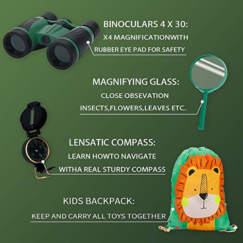 LBLA Kit de Exploración para Niños 27PCS,Juguetes Niños 4 años,Binoculares para Niños,Prismáticos, Silbato, Brújula, Lupa, Insecto,Mochilla de Colección, Regalo de Cumpleaños para Niños 3-10 Años