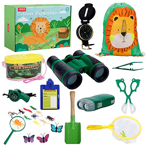 LBLA Kit de Exploración para Niños 27PCS,Juguetes Niños 4 años,Binoculares para Niños,Prismáticos, Silbato, Brújula, Lupa, Insecto,Mochilla de Colección, Regalo de Cumpleaños para Niños 3-10 Años