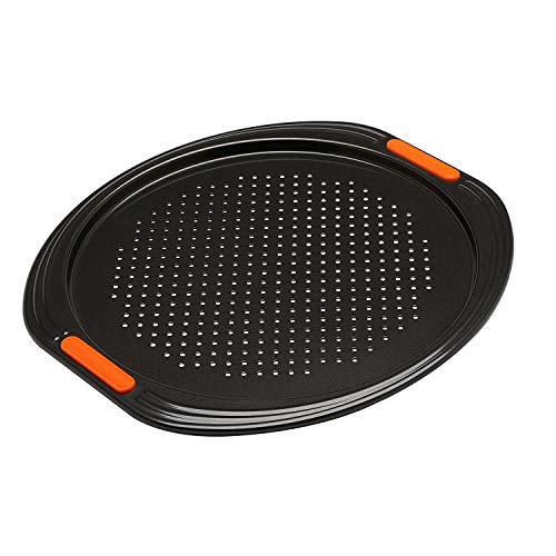 Le Creuset Bandeja antiadherente para pizza, diametro 33 cm, Base perforada, Libre de PFOA, Resistente a ácidos, Revestimiento de acero al carbono, Gris y Naranja