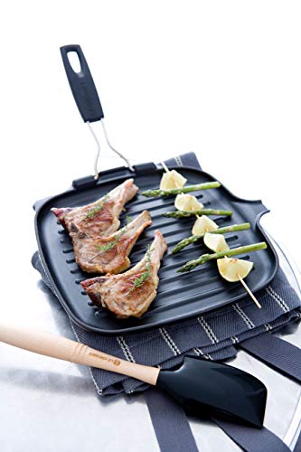 Le Creuset Parrilla grill de hierro fundido, Cuadrada, 24 x 24 cm, Mango plegable, Apto para todas las fuentes de calor, incluso inducción, Negro mate