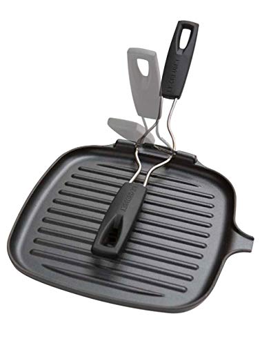 Le Creuset Parrilla grill de hierro fundido, Cuadrada, 24 x 24 cm, Mango plegable, Apto para todas las fuentes de calor, incluso inducción, Negro mate