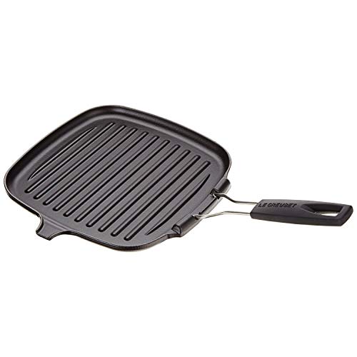 Le Creuset Parrilla grill de hierro fundido, Cuadrada, 24 x 24 cm, Mango plegable, Apto para todas las fuentes de calor, incluso inducción, Negro mate