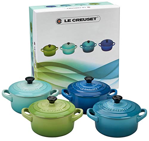 Le Creuset Set de mini cocottes, 4 unidades, Redondas, 200 ml cada una, 10 x 5 cm, Cerámica de gres, Verde y Turquesa y Azul y Azul oscuro