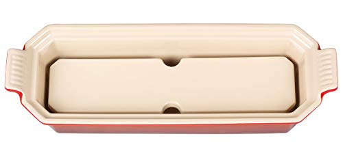 LE CREUSET Terrina Rectangular, con Prensa integrada, Cerámica de gres, Rojo (Cereza), 28 cm