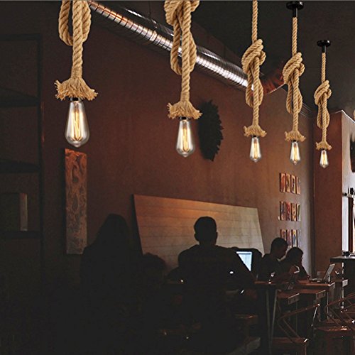 LEDMOMO 1M Vintage Cuerda de cáñamo gruesa sola cabeza colgante de cáñamo lámpara de cuerda luces colgantes para el restaurante del dormitorio Cafe Bar Decoración de estilo rural