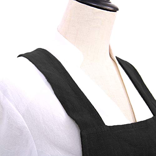 LeerKing Delantal de Cocina 100% algodón y Lino Delantal de Chef Hornear jardinería Restaurante Barbacoa con 1 Bolsillo Cuello Cruzado para Mujeres, Negro