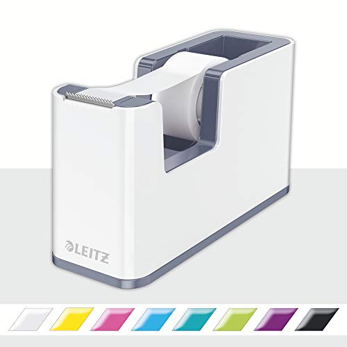 Leitz Dispensador de Cinta Adhesiva, Base Pesada, Cinta Adhesiva, Gama WOW, Blanco Perla/Gris