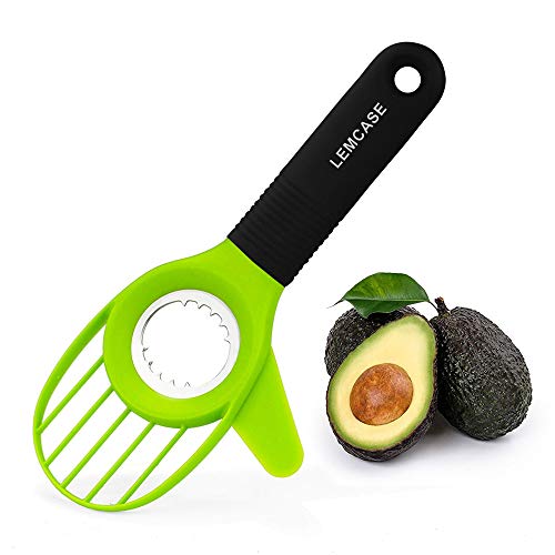 LEMCASE Cortador de Aguacate - Pelador Aguacate con Cuchilla de Acero Inoxidable y Mango de Silicona | Verde (3 en 1)