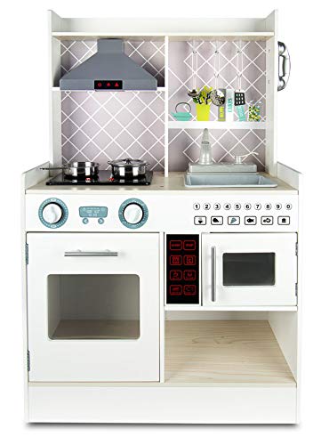 Leomark FUNCTION Electric Kitchen Cocina Madera Infantil De Juguete - color BLANCO - Accesorios, para Niños, Cocinita con teléfono, Efectos de Sonido de iluminación Dim: 65x32x93 (altura) cm