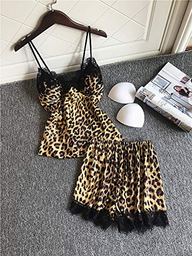 Leopardo Atractivo del cordón satsilk Corta Pijama Establece Las Mujeres Frescas Cortos Correas de Las Mujeres de Seda de Hielo Espaguetis Ropa de Dormir Las Mujeres, Leopardo, M