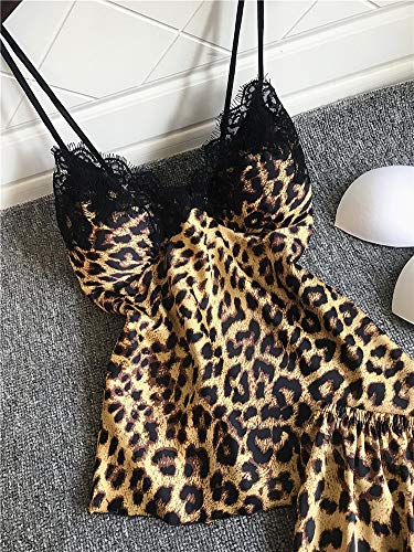 Leopardo Atractivo del cordón satsilk Corta Pijama Establece Las Mujeres Frescas Cortos Correas de Las Mujeres de Seda de Hielo Espaguetis Ropa de Dormir Las Mujeres, Leopardo, M