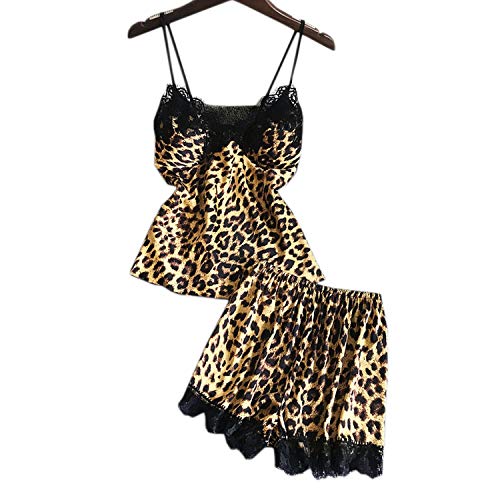 Leopardo Atractivo del cordón satsilk Corta Pijama Establece Las Mujeres Frescas Cortos Correas de Las Mujeres de Seda de Hielo Espaguetis Ropa de Dormir Las Mujeres, Leopardo, M