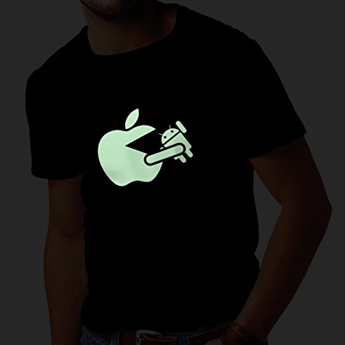 lepni.me Camisetas Hombre Funny Apple Comer un Robot - Regalo para los fanáticos de la tecnología (Large Negro Fluorescente)