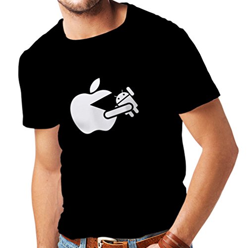 lepni.me Camisetas Hombre Funny Apple Comer un Robot - Regalo para los fanáticos de la tecnología (Large Negro Fluorescente)