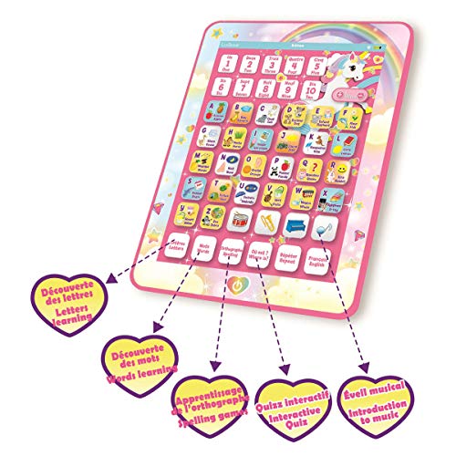 LEXIBOOK JCPAD002UNIi1 - Tableta educativa bilingüe con Unicornio, Juguete para Aprender Las Letras, números vocabulares y música, lenguas franceses/inglés, Rosa