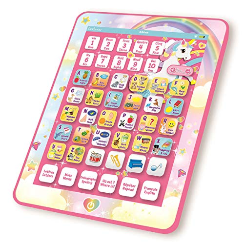 LEXIBOOK JCPAD002UNIi1 - Tableta educativa bilingüe con Unicornio, Juguete para Aprender Las Letras, números vocabulares y música, lenguas franceses/inglés, Rosa