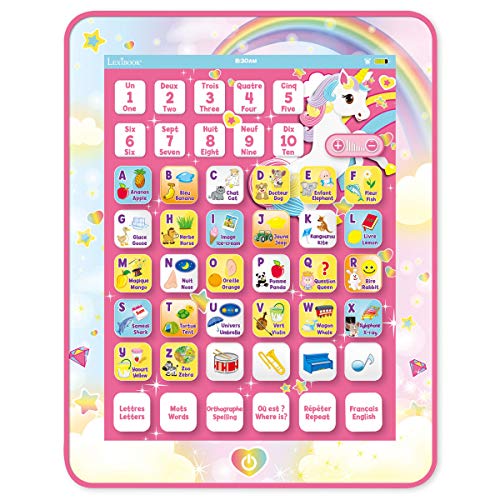 LEXIBOOK JCPAD002UNIi1 - Tableta educativa bilingüe con Unicornio, Juguete para Aprender Las Letras, números vocabulares y música, lenguas franceses/inglés, Rosa