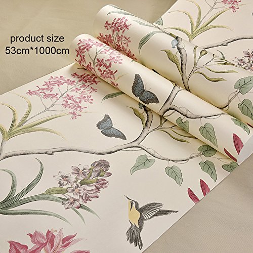 LianLe Papel Pintado Pájaros Mariposas Flores para Decoración de Pared 10M*0.53M,A