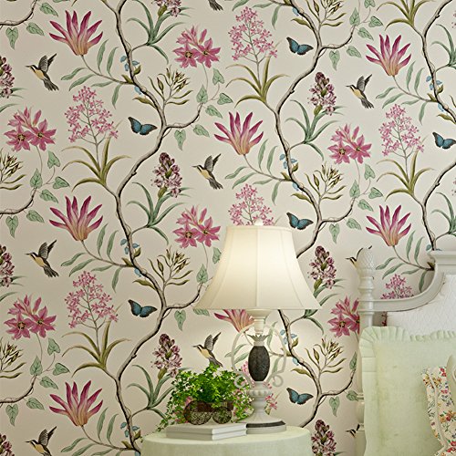 LianLe Papel Pintado Pájaros Mariposas Flores para Decoración de Pared 10M*0.53M,A