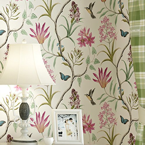 LianLe Papel Pintado Pájaros Mariposas Flores para Decoración de Pared 10M*0.53M,A