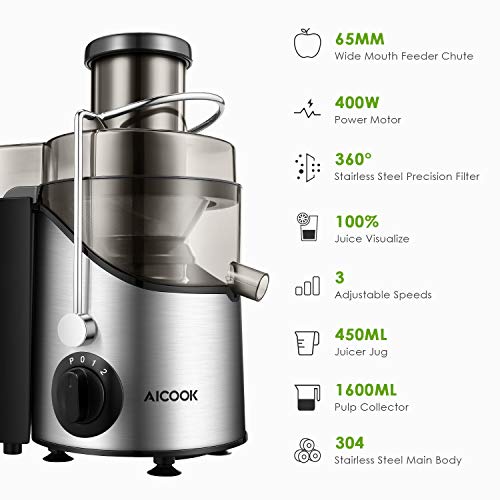 Licuadoras Para Verduras y Frutas, Aicook 3 Velocidades Licuadora Prensado Frio Extractor de Zumos Boca Ancha de 65mm, Extractor de Jugos Libre de BPA, con Base Antideslizante, 18000 RPM