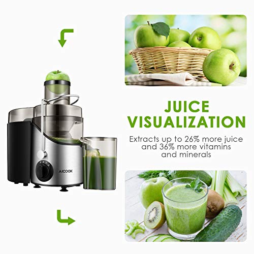 Licuadoras Para Verduras y Frutas, Aicook 3 Velocidades Licuadora Prensado Frio Extractor de Zumos Boca Ancha de 65mm, Extractor de Jugos Libre de BPA, con Base Antideslizante, 18000 RPM