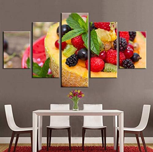 Lienzo impreso en alta definición para pared, 5 piezas, diseño de frutas, melón, frambuesa, para decoración del hogar, para sala de estar, modular de 200 x 100 cm