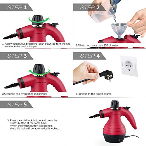 Limpiador de Vapor de Mano, Limpiador de Vapores Portátil de Usos Múltiples con 9 Accesorios para Quitar Manchas, Alfombras, Cortinas, Asientos de Auto, Cocina,Piso