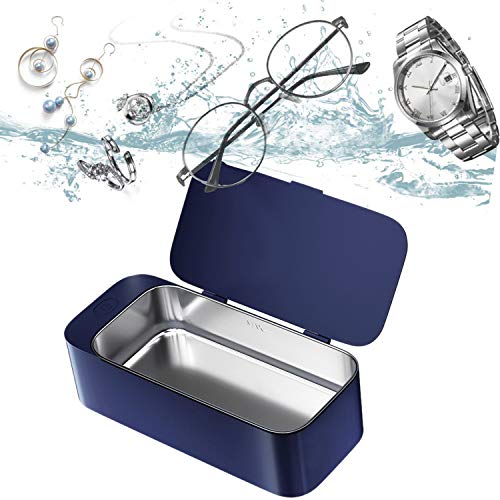 Limpiador Ultrasónico Portátil, 42 Khz Limpiador Profesional De Joyas para Gafas, 3 Minutos Limpiador Doméstico para Anteojos, Anillos, Dentaduras Postizas, Cadenas, Maquinillas De Afeitar,Azul