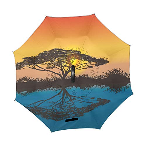 LINDATOP - Paraguas con diseño de árbol de acacia africano de atardecer invertido, doble capa, resistente al viento, protección UV al revés, para coche, lluvia, uso al aire libre