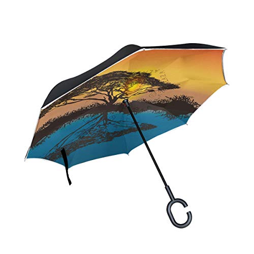 LINDATOP - Paraguas con diseño de árbol de acacia africano de atardecer invertido, doble capa, resistente al viento, protección UV al revés, para coche, lluvia, uso al aire libre