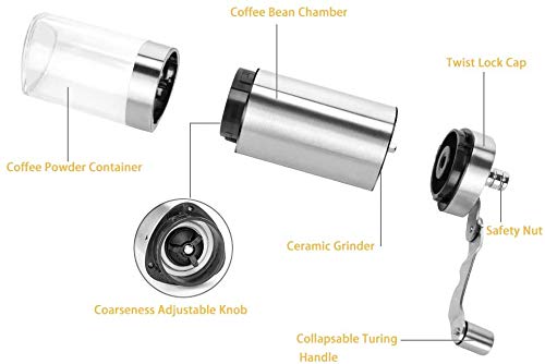 Linkax Molinillo de café Manual,Coffee Grinder de Acero Inoxidable con Moledores Ajustable de Cerámica, Molino de manivela, tamaño Compacto hogar, Oficina o Viaje