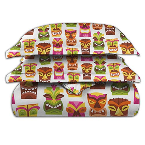 LISUMAL Funda De Edredón,Tiki Bar Sixties Retro Inspirado Fiesta Hawaiana Feliz Tiki Estatuas Patrón Colorido,3 Pcs Ropa de Cama Funda Nórdica Sábana Bajera (140 * 200CM)