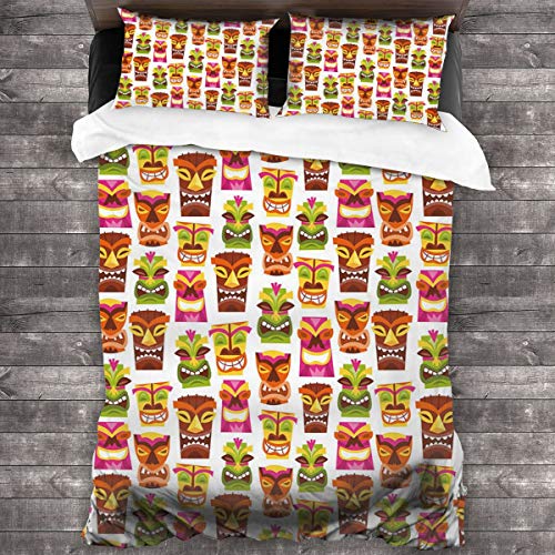 LISUMAL Funda De Edredón,Tiki Bar Sixties Retro Inspirado Fiesta Hawaiana Feliz Tiki Estatuas Patrón Colorido,3 Pcs Ropa de Cama Funda Nórdica Sábana Bajera (140 * 200CM)