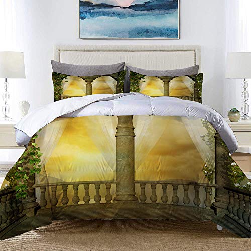 LISUMAL Ropa de Cama - Funda nórdica，Balcón romántico con columnas y Arcos con Cielo Amarillo.，Microfibra de Invierno Nuevo Conjunto de Tres Piezas con 2 Fundas de Almohada