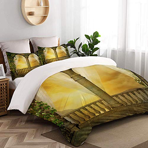 LISUMAL Ropa de Cama - Funda nórdica，Balcón romántico con columnas y Arcos con Cielo Amarillo.，Microfibra de Invierno Nuevo Conjunto de Tres Piezas con 2 Fundas de Almohada