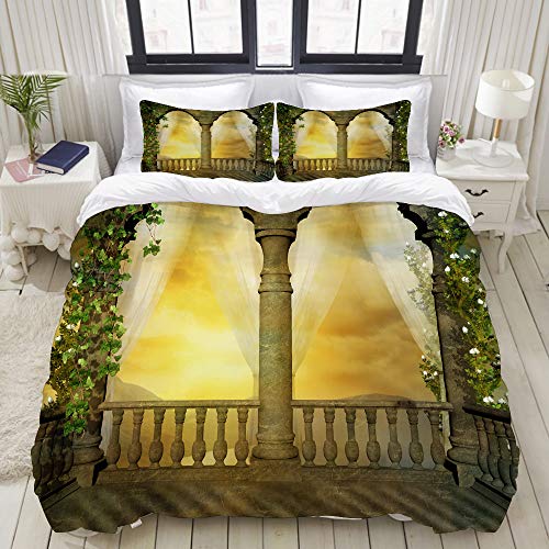 LISUMAL Ropa de Cama - Funda nórdica，Balcón romántico con columnas y Arcos con Cielo Amarillo.，Microfibra de Invierno Nuevo Conjunto de Tres Piezas con 2 Fundas de Almohada