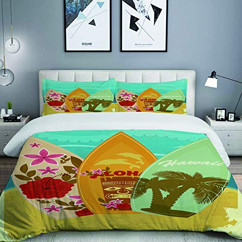 LISUMAL Ropa de Cama - Funda nórdica，Tiki Bar Hawaiian Beach Tablas de Surf en la Arena，Microfibra de Invierno Nuevo Conjunto de Tres Piezas con 2 Fundas de Almohada