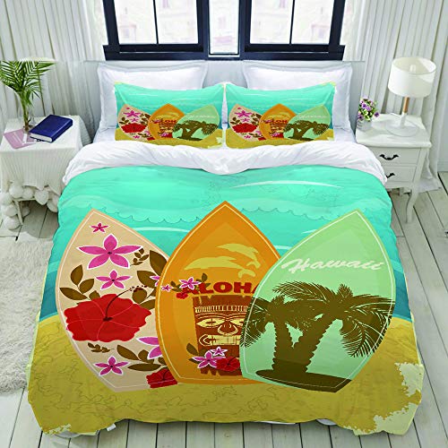 LISUMAL Ropa de Cama - Funda nórdica，Tiki Bar Hawaiian Beach Tablas de Surf en la Arena，Microfibra de Invierno Nuevo Conjunto de Tres Piezas con 2 Fundas de Almohada