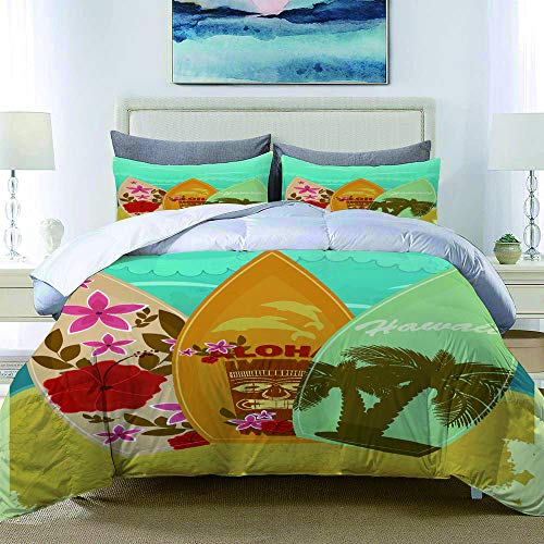 LISUMAL Ropa de Cama - Funda nórdica，Tiki Bar Hawaiian Beach Tablas de Surf en la Arena，Microfibra de Invierno Nuevo Conjunto de Tres Piezas con 2 Fundas de Almohada