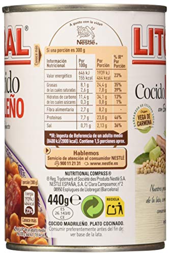 LITORAL Cocido Madrileño - Plato Preparado Sin Gluten - Pack de6x440 g - Total: 2640g