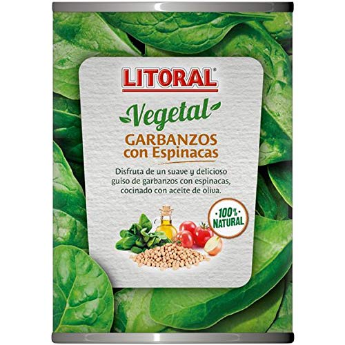 LITORAL Vegetal Garbanzos con Espinacas - Plato Preparado Sin Gluten - Paquete de 10x425g - Total: 4.25kg