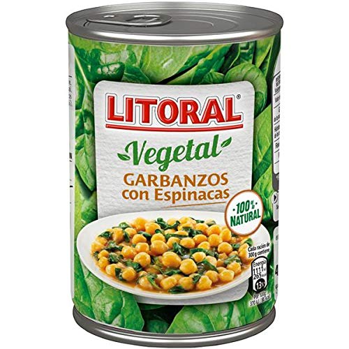 LITORAL Vegetal Garbanzos con Espinacas - Plato Preparado Sin Gluten - Paquete de 10x425g - Total: 4.25kg