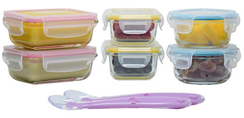 Little Home Planet® Set de 6 Contenedores de Alimentos para Bebe en Cristal | 2 Cucharas y Funda de Silicona | Cubiertos con Sello a presion | 97% embalaje de plástico eliminado | Libre de BPA Tapa