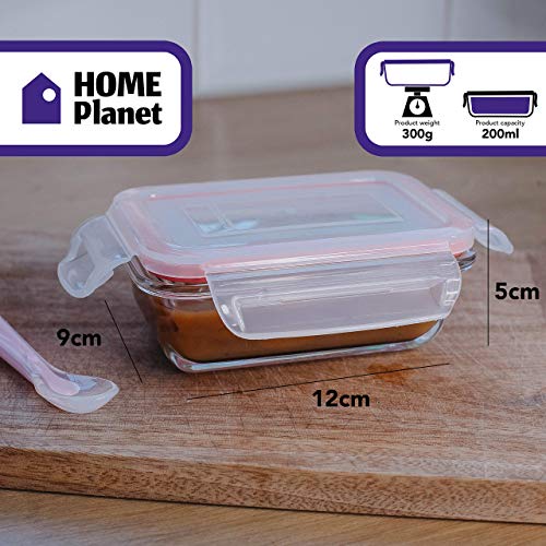 Little Home Planet® Set de 6 Contenedores de Alimentos para Bebe en Cristal | 2 Cucharas y Funda de Silicona | Cubiertos con Sello a presion | 97% embalaje de plástico eliminado | Libre de BPA Tapa