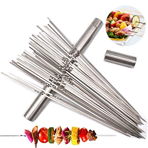 Liwein Pinchos de Barbacoa, 50 Piezas Parrilla Pinchos Acero Inoxidable Brochetas de Kebab con Tubo de Almacenamiento Metal Planas Barbacoa Pinchos Asar para BBQ Carne Aperitivos de Fiesta 35cm