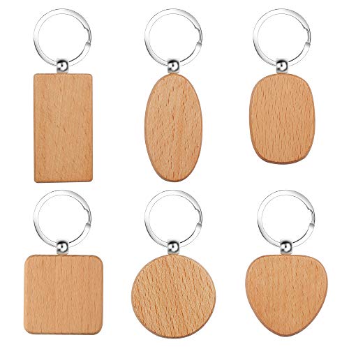 Llavero de Madera 12 Piezas DIY Llavero en Blanco,Llavero de Madera Personalizado 6 Formas Diferentes Madera llaveros