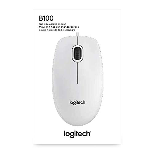 Logitech B100 Ratón con Cable, 3 Botones, Seguimiento Óptico, Ambidiestro, PC/Mac/Portátil , Blanco