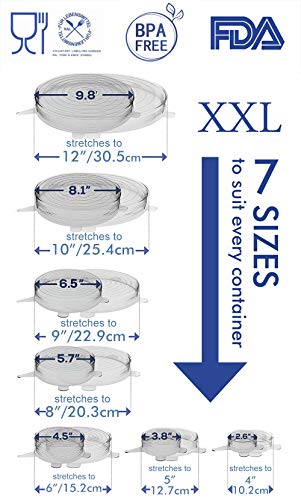 longzon. [14 Piezas] Tapas de Silicona Elásticas, 7 Tamaños ( XXL Talla maxima de hasta 12'') De Tapas Silicona Ajustables Cocina, Sin BPA, para Lavavajillas, Microondas, Horno o Refrigerador